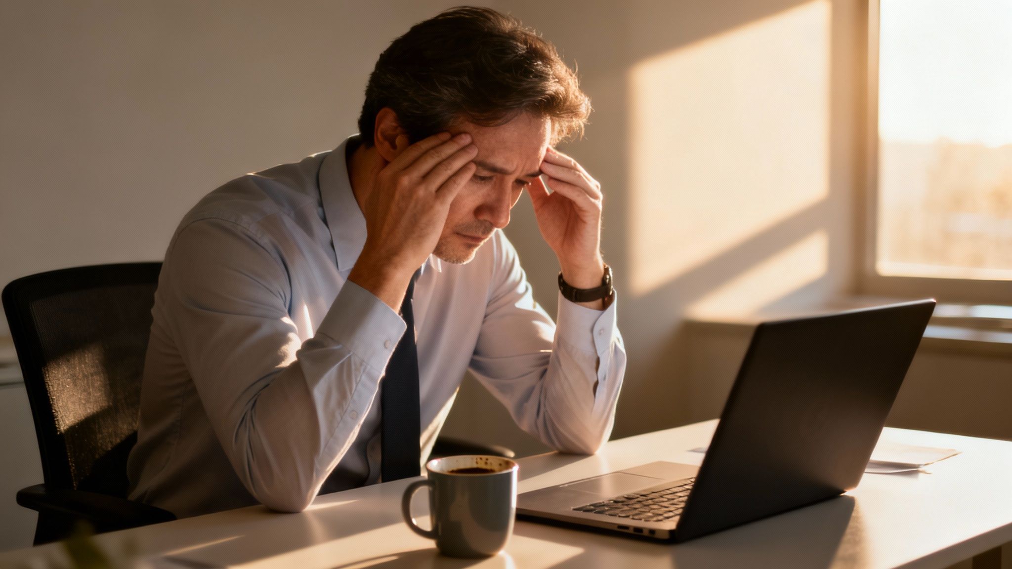 A man sits at his desk with hands on his temples beside a laptop and coffee, showing stress and mental fatigue—an everyday moment of **how to avoid burnout at work**.