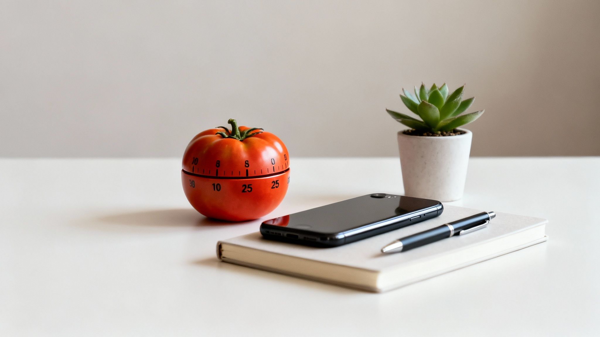 A tomato-shaped Pomodoro timer beside a smartphone, notebook, pen, and succulent on a white desk, illustrating **burnout prevention strategies** for better focus and healthy work rhythms.