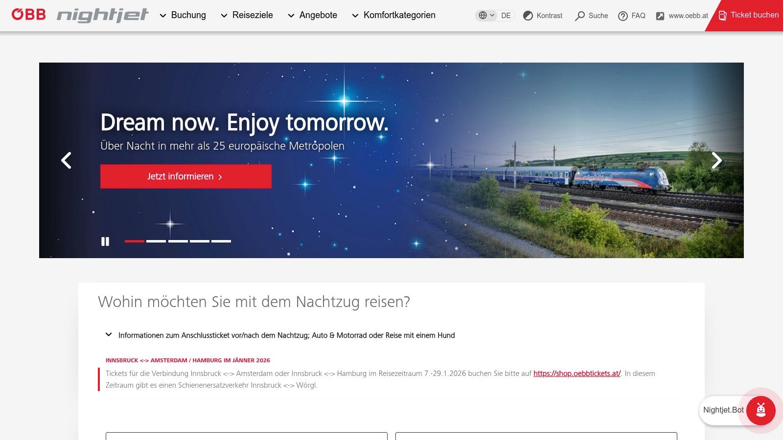 A modern ÖBB Nightjet, one of the best sleeper trains Europe offers, waiting at a station at dusk.