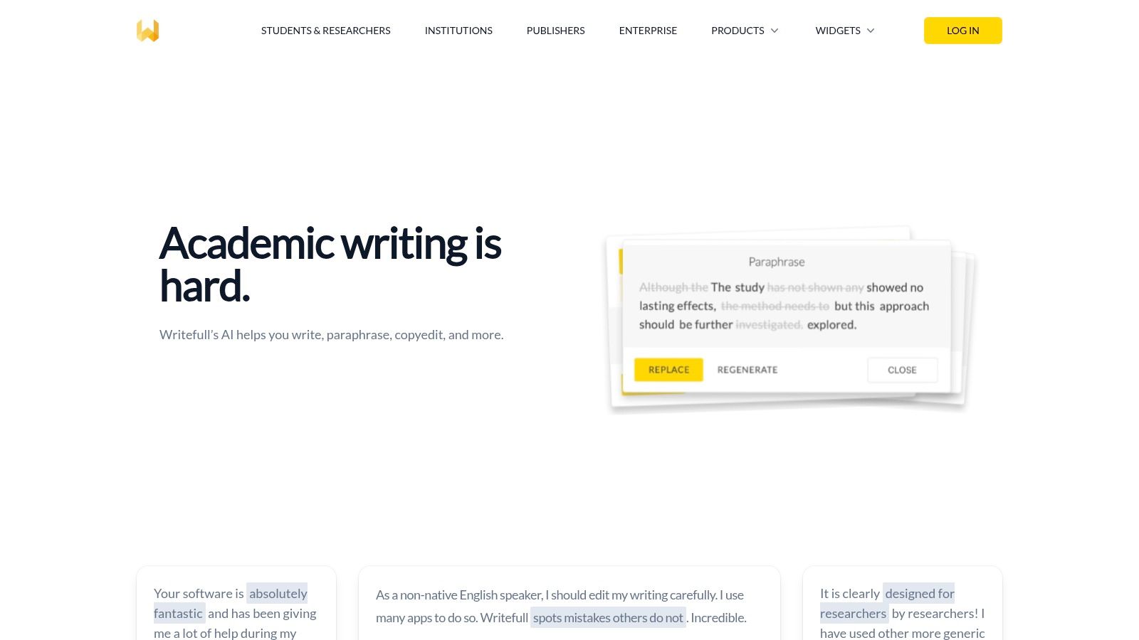 Writefull's interface showing academic writing suggestions