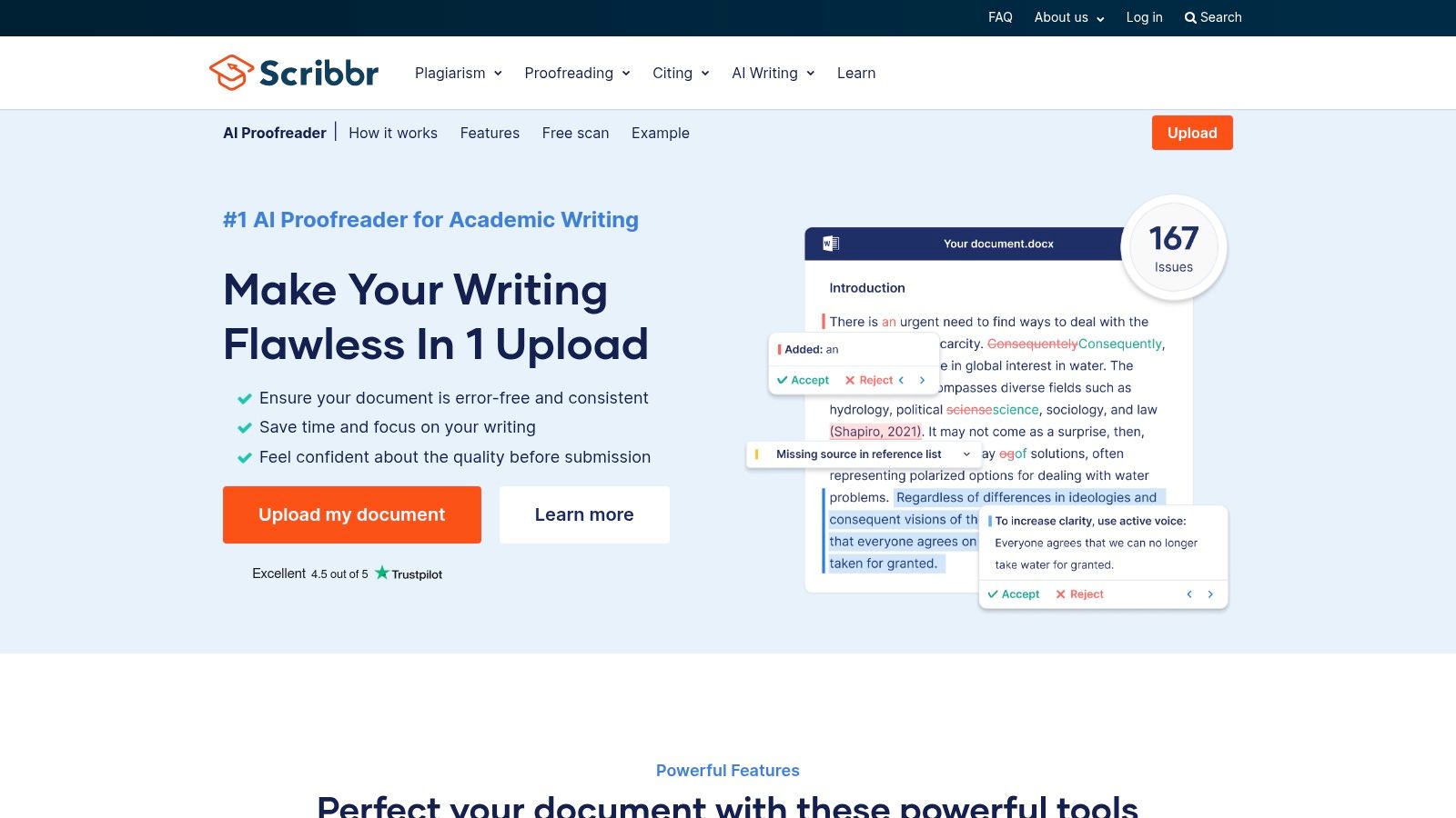 AI writing tools for students displayed in the Scribbr AI Proofreader interface, showing a document with tracked changes and real-time grammar and style suggestions.