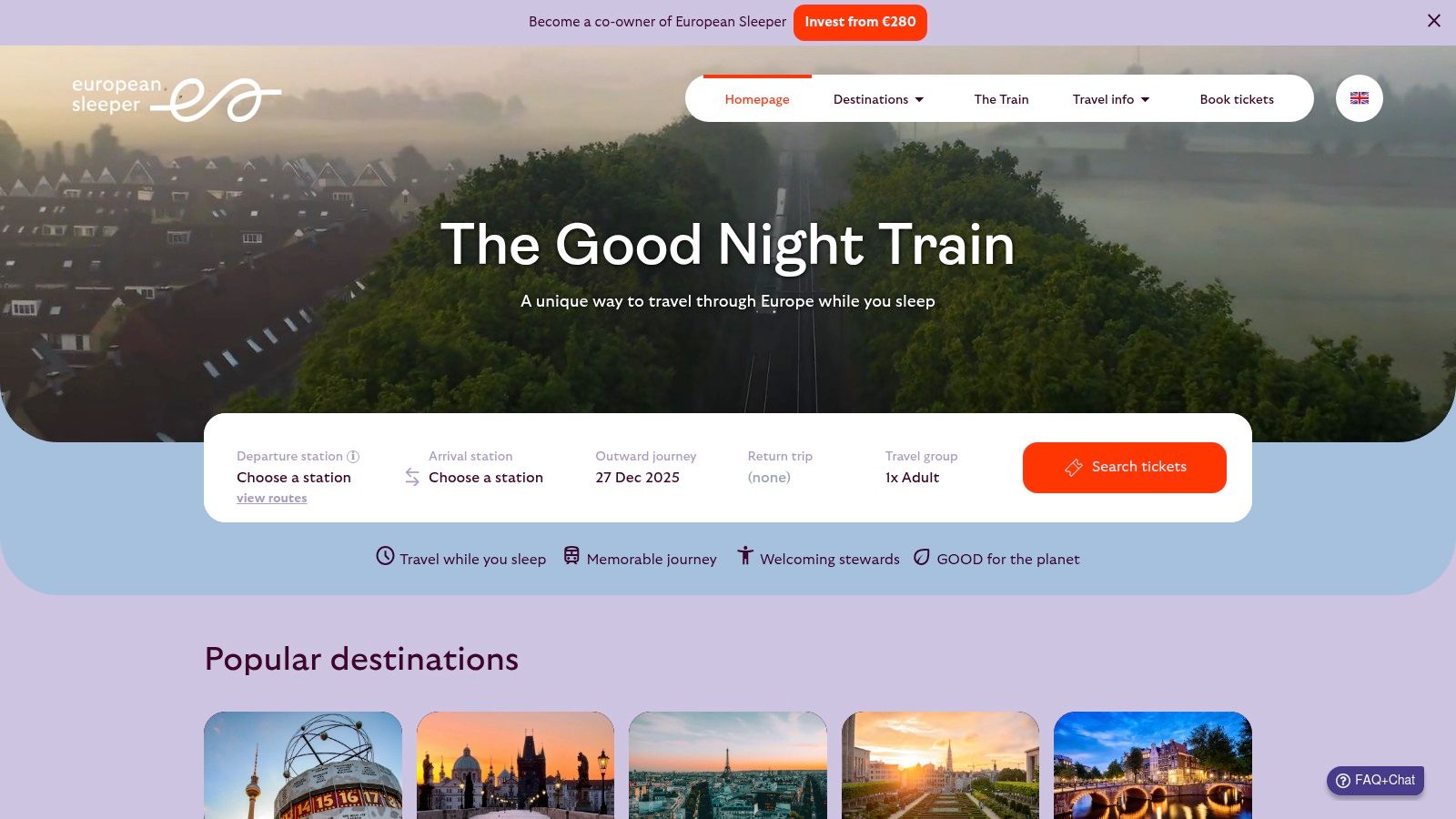 A European Sleeper train carriage interior showing a couchette compartment ready for passengers.