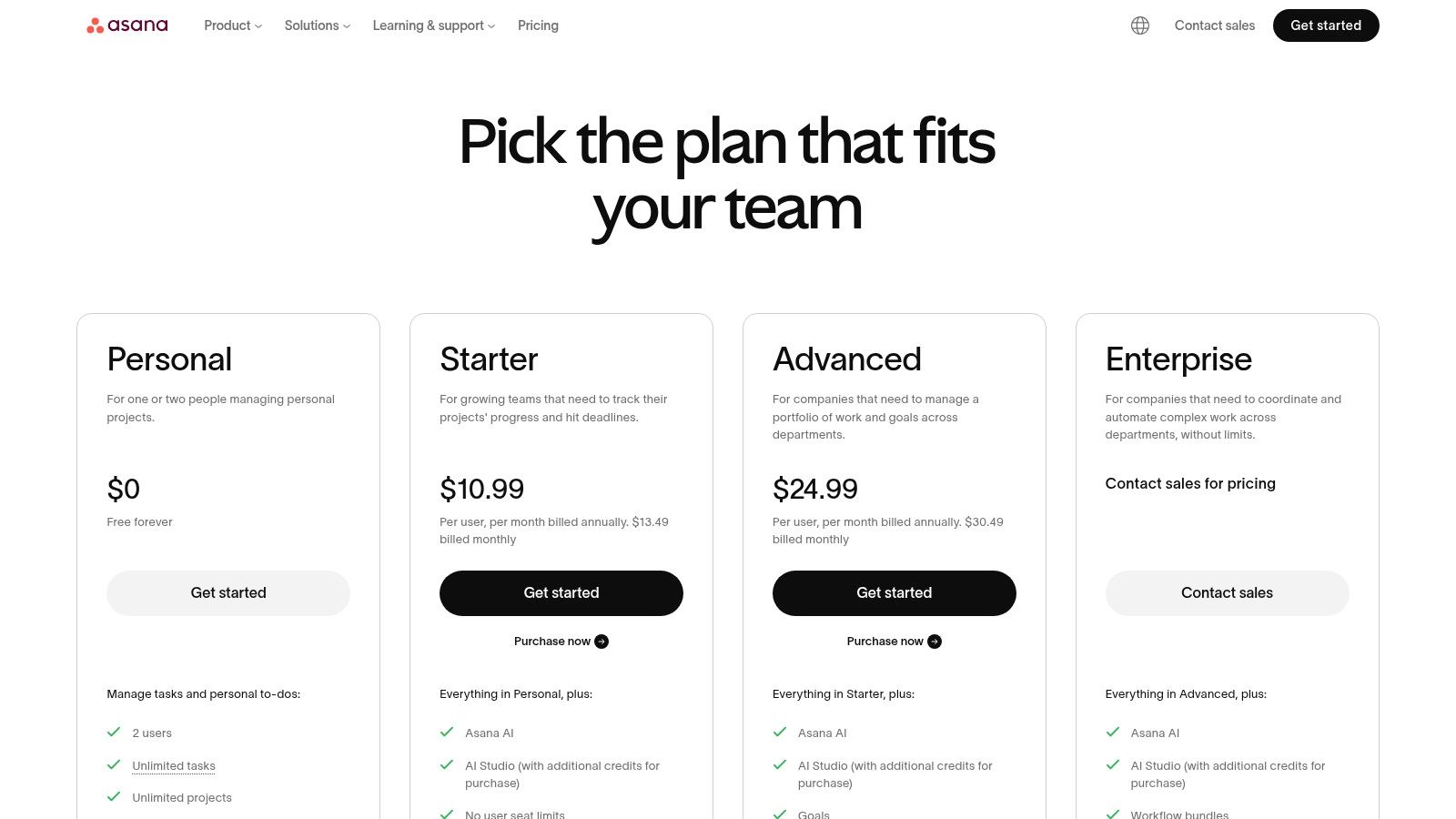 Productivity tools for remote workers shown in Asana pricing plans with tiered features for remote teams at each plan level.