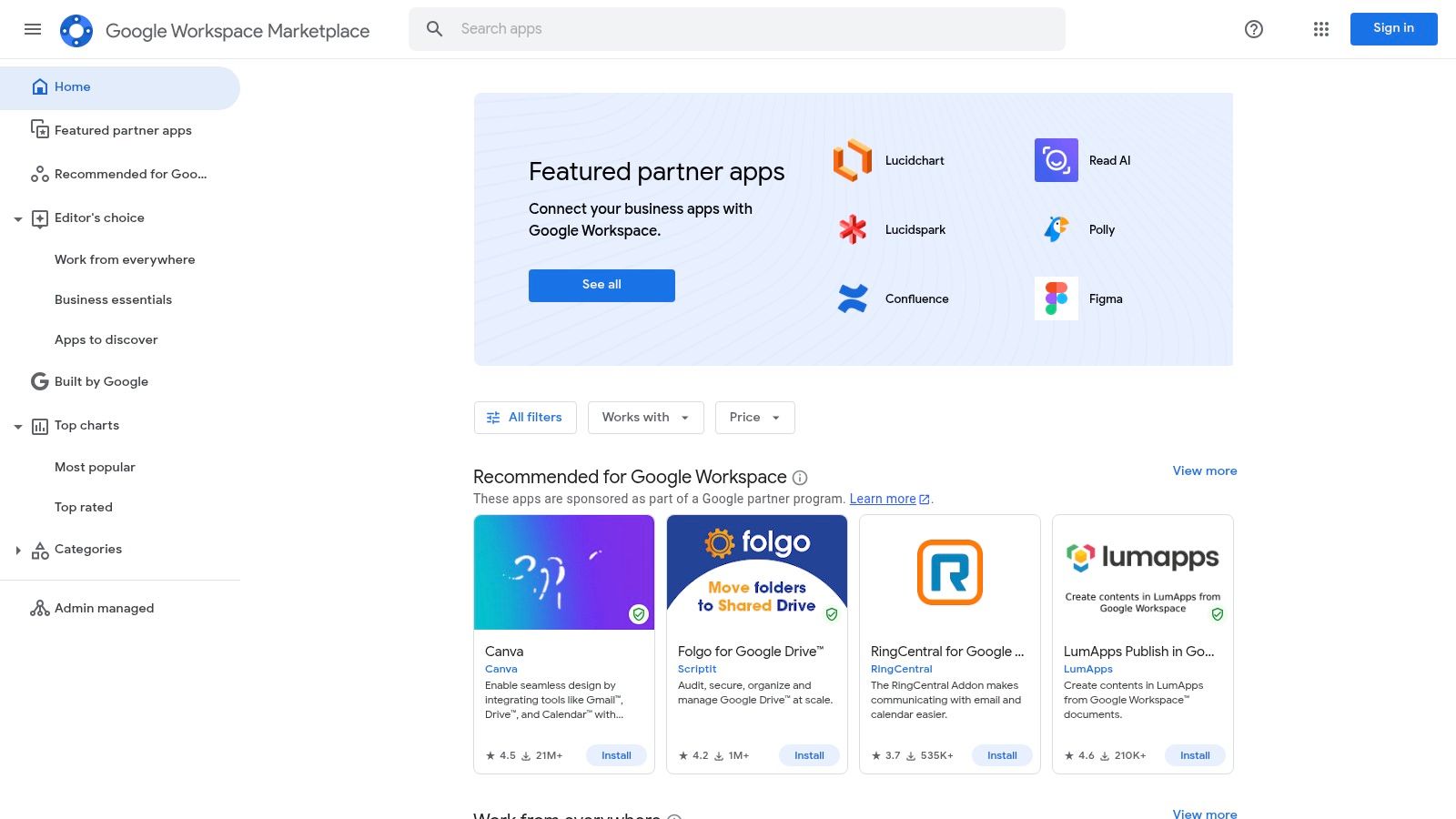 An image of the Google Workspace Marketplace, showcasing various apps and AI tools for productivity.