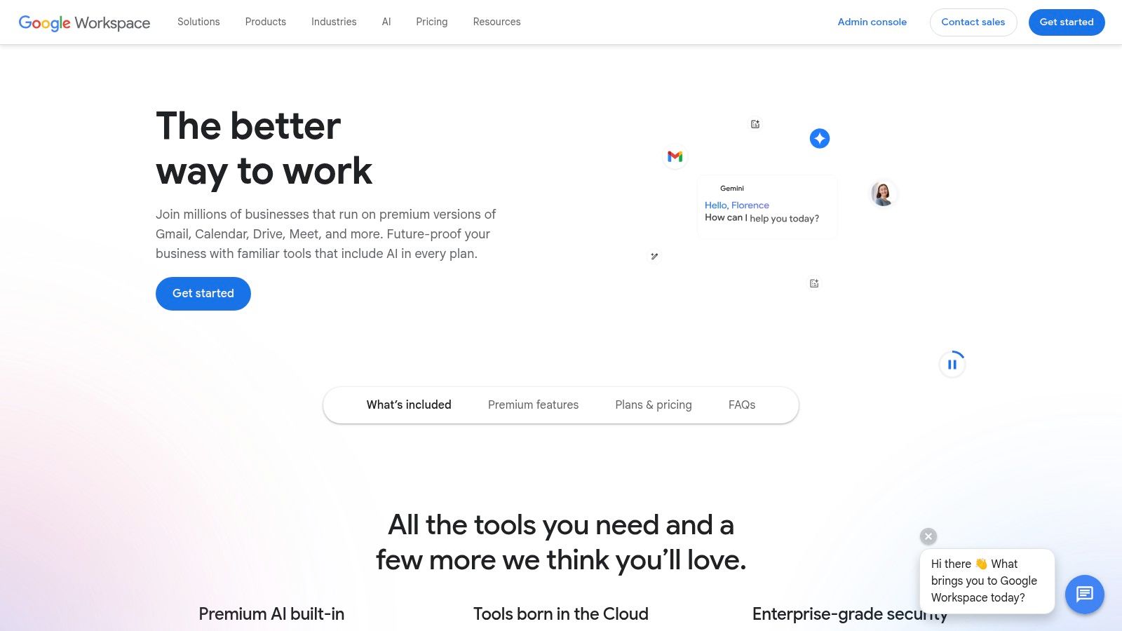 The homepage for Google Workspace showing its suite of productivity tools for remote workers