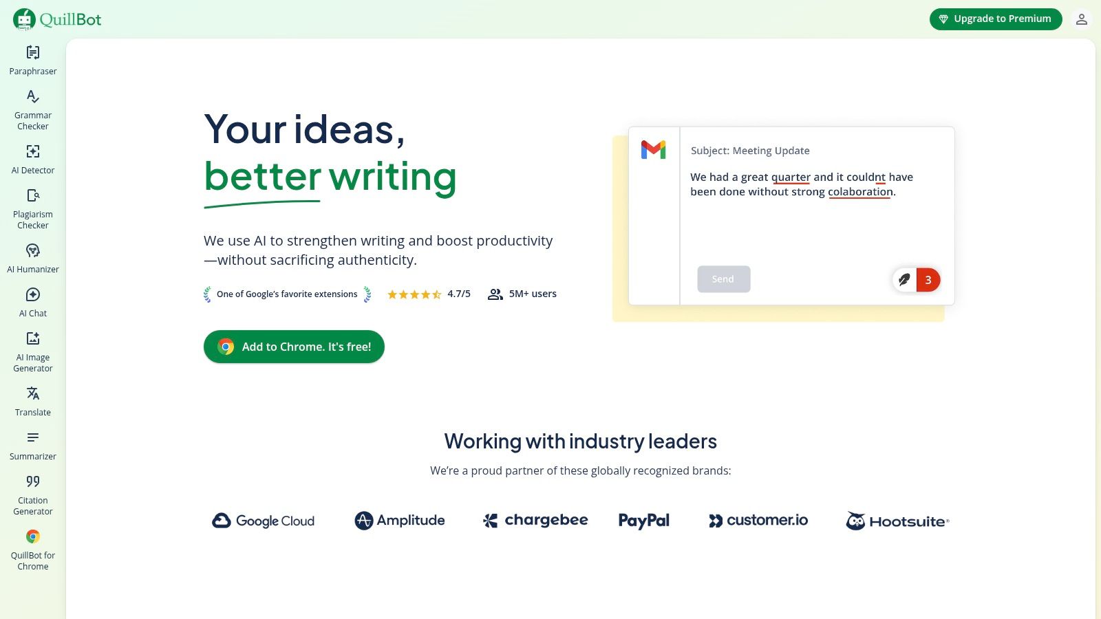 AI writing tools for students featured in QuillBot’s interface, showing paraphrasing modes and grammar checking tools for rewriting and refining academic text.