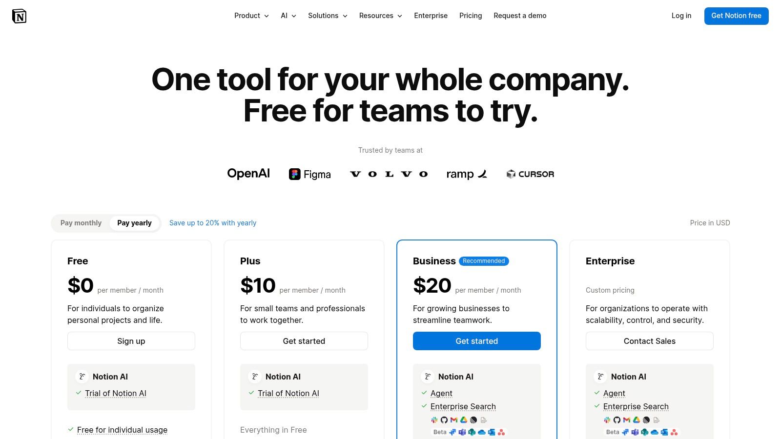 Productivity tools for remote workers shown in Notion pricing plans with features for personal, team, and enterprise use.