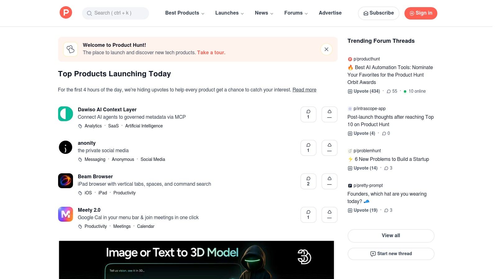 Best habit tracking apps — Product Hunt homepage showing newly launched apps and trending products in a clean feed layout.
