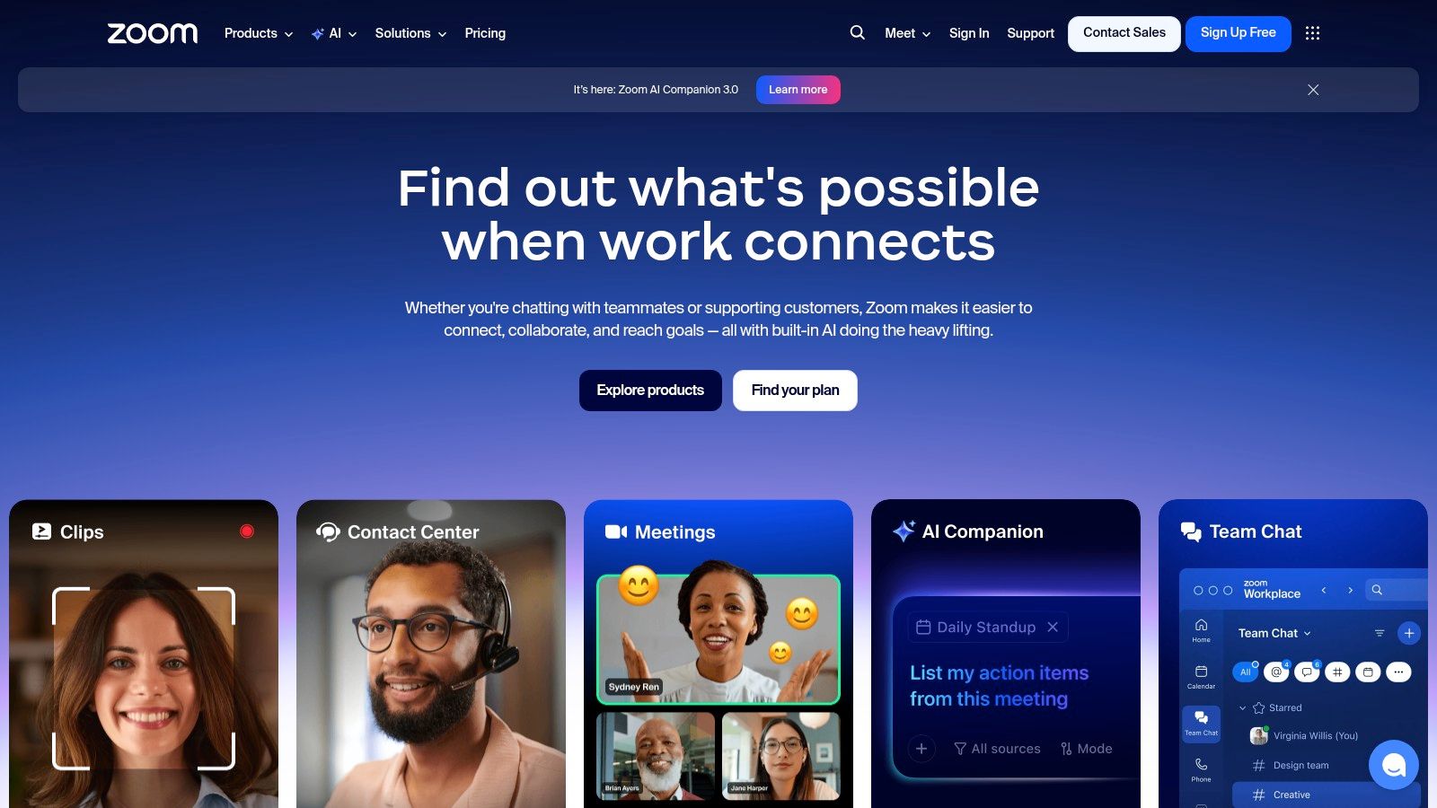 Productivity tools for remote workers shown in Zoom features for remote teams, including AI Companion, team chat, and phone capabilities.
