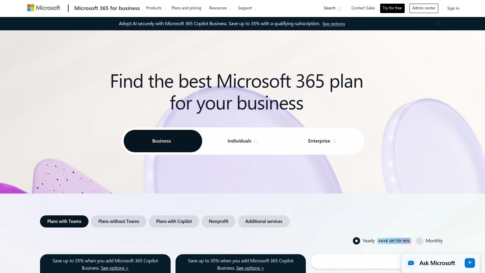 Microsoft 365 business plans showing different pricing tiers and features for remote workers