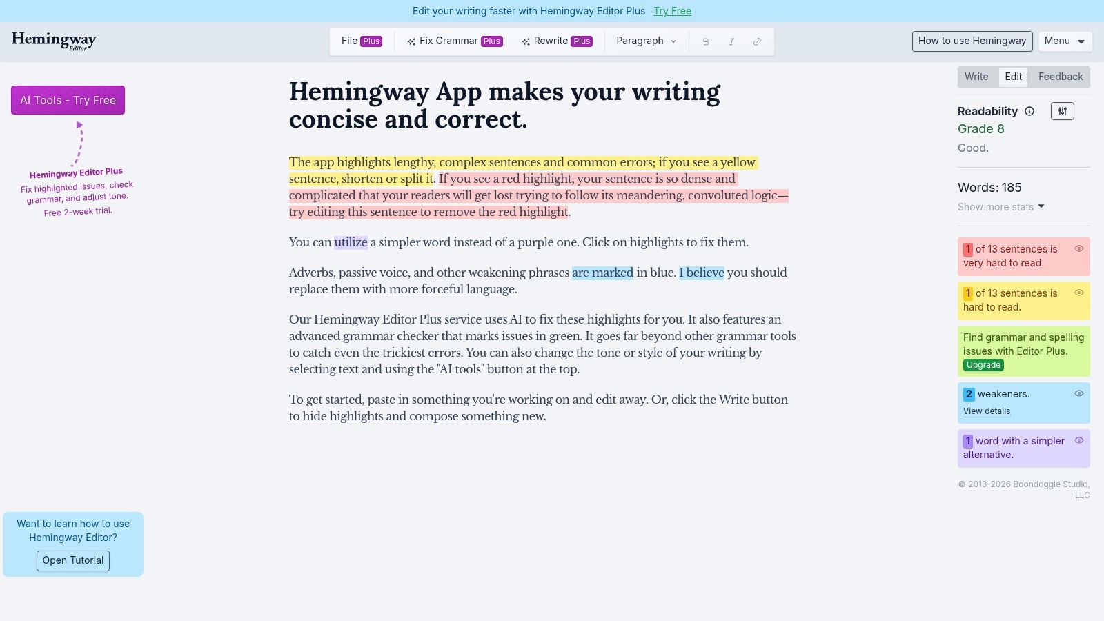 AI writing tools for students showcased in the Hemingway Editor Plus interface, highlighting complex sentences and readability suggestions for clearer academic writing.