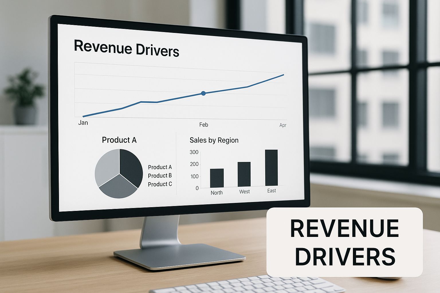 A dashboard on a computer screen in a modern office, showing rising graphs and metrics with a text block in the corner that reads 'Revenue Drivers'.
