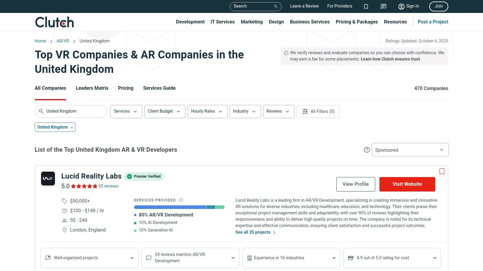A screenshot of the Clutch website interface, showing a list of top virtual reality developers with their ratings, reviews, and project details.