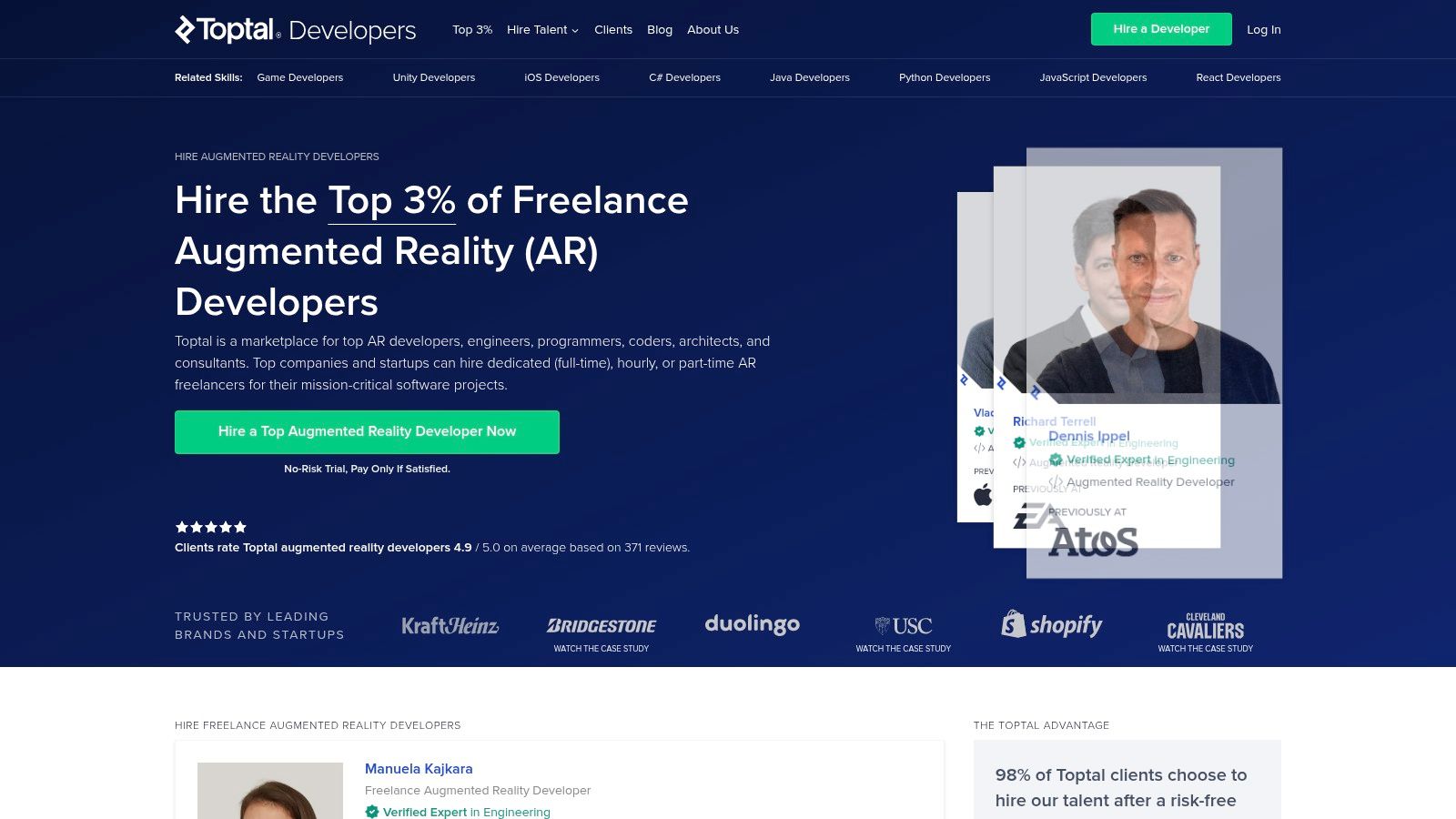 A screenshot of the Toptal website showing a profile of a mixed reality developer, highlighting their skills, experience, and availability.
