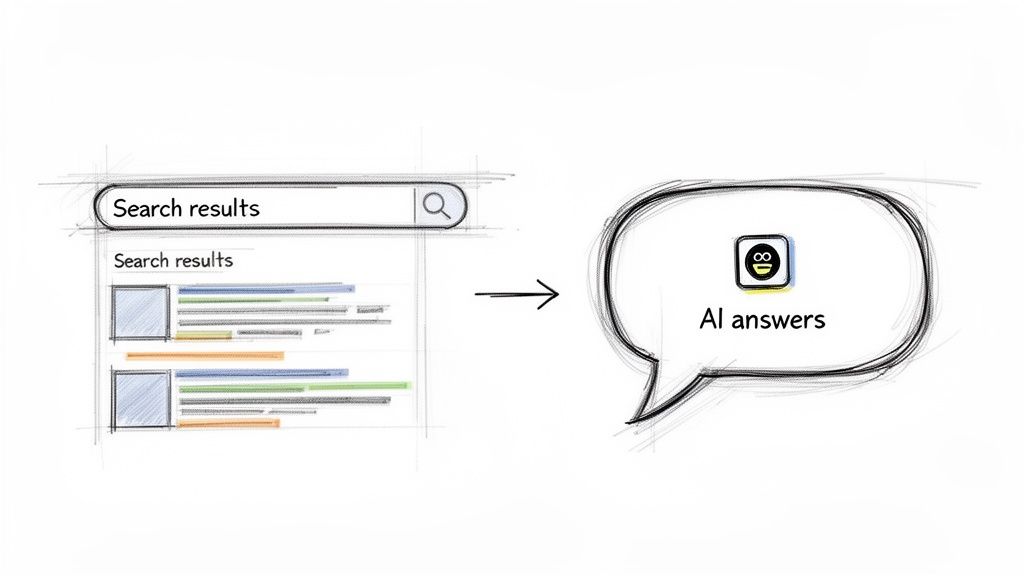 Sketch illustrating the evolution from traditional search results to modern AI-powered answers, showing a search bar and chat bubble.