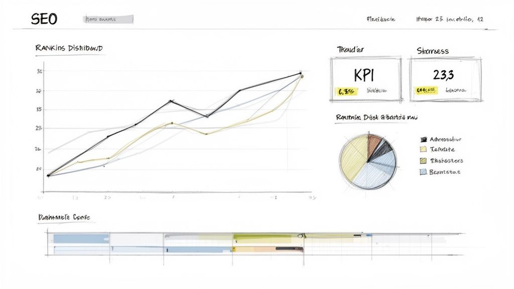 Hand-drawn sketch of an SEO dashboard displaying ranking distribution, KPIs, and data.