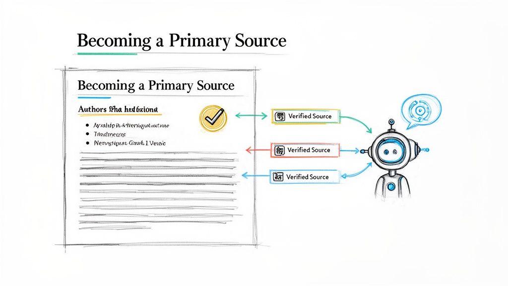 Illustration of a document transforming into a primary source with external verified inputs and AI processing.
