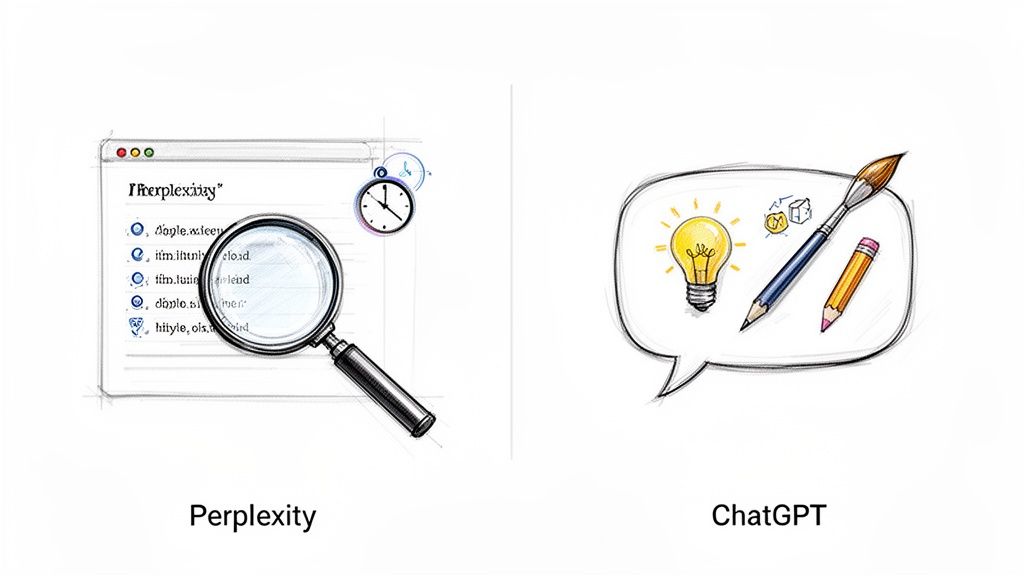 Two illustrations contrasting Perplexity as a search engine with a magnifying glass, and ChatGPT as creative tools like a lightbulb, paintbrush, and pencil.