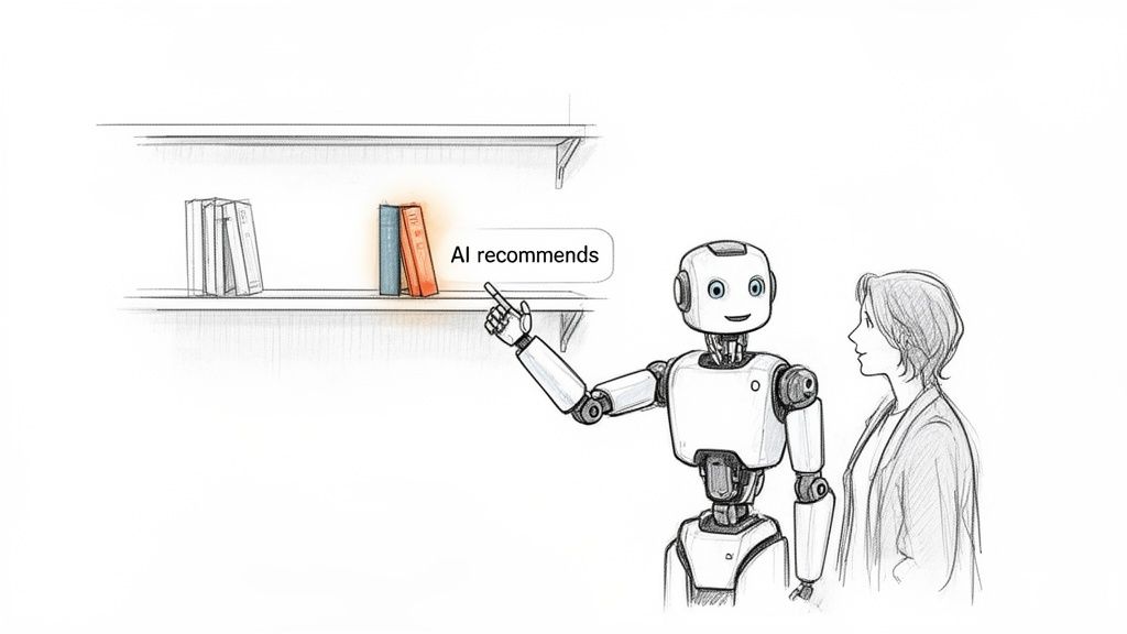 A friendly robot points to a glowing book on a shelf, recommending it to a person.