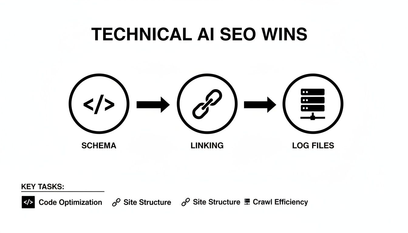 Diagram detailing technical AI SEO wins across schema, linking, log files, and associated key tasks.
