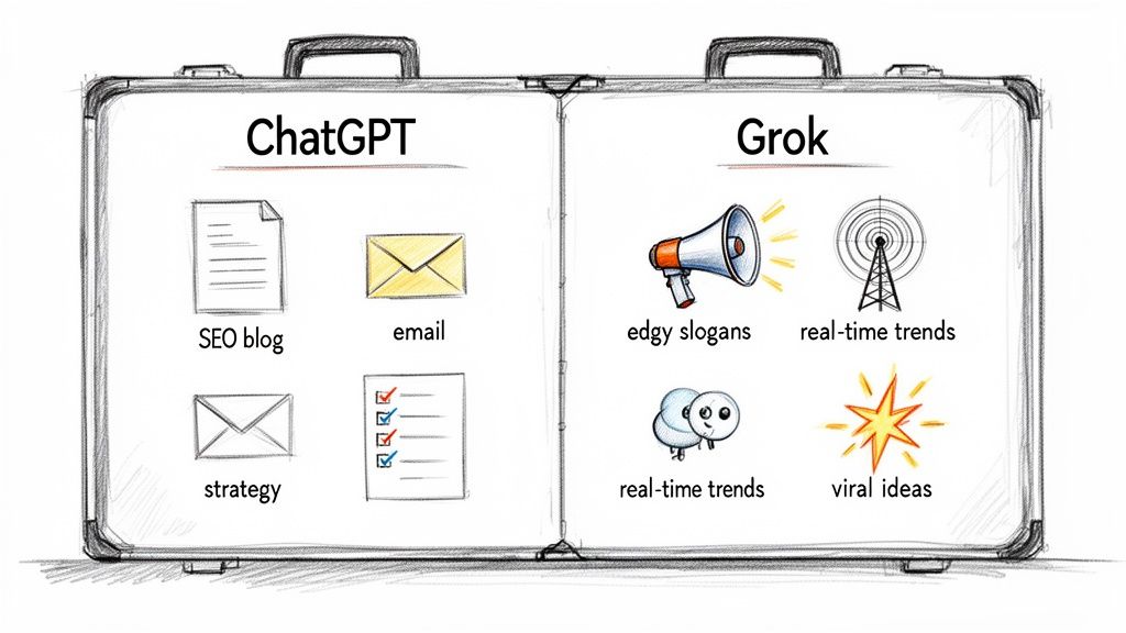A comparison image showcasing the features and uses of ChatGPT versus Grok, presented in a briefcase.