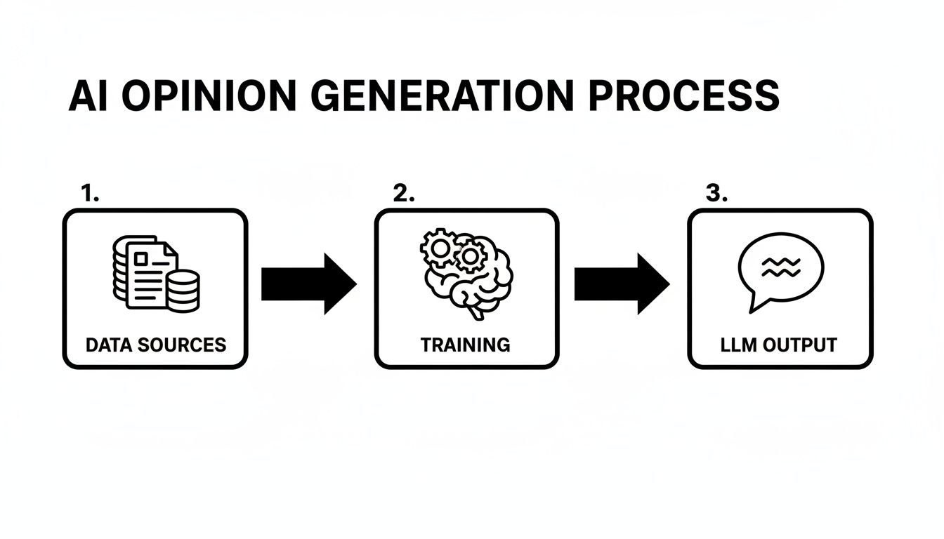 AI opinion generation process flowchart showing data sources, training, and LLM output steps.