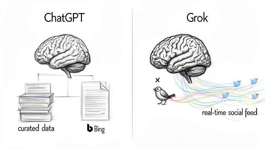 A comparison diagram illustrating ChatGPT's curated data and Bing input versus Grok's real-time social feed.