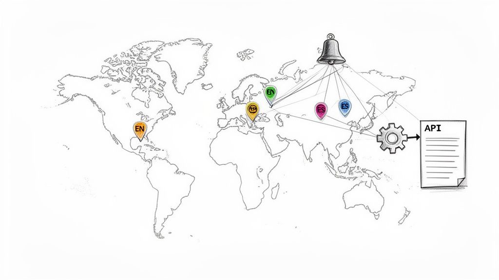 World map illustrating global tracking with language pins (EN, ES, RS, IT) connected to a bell and API.
