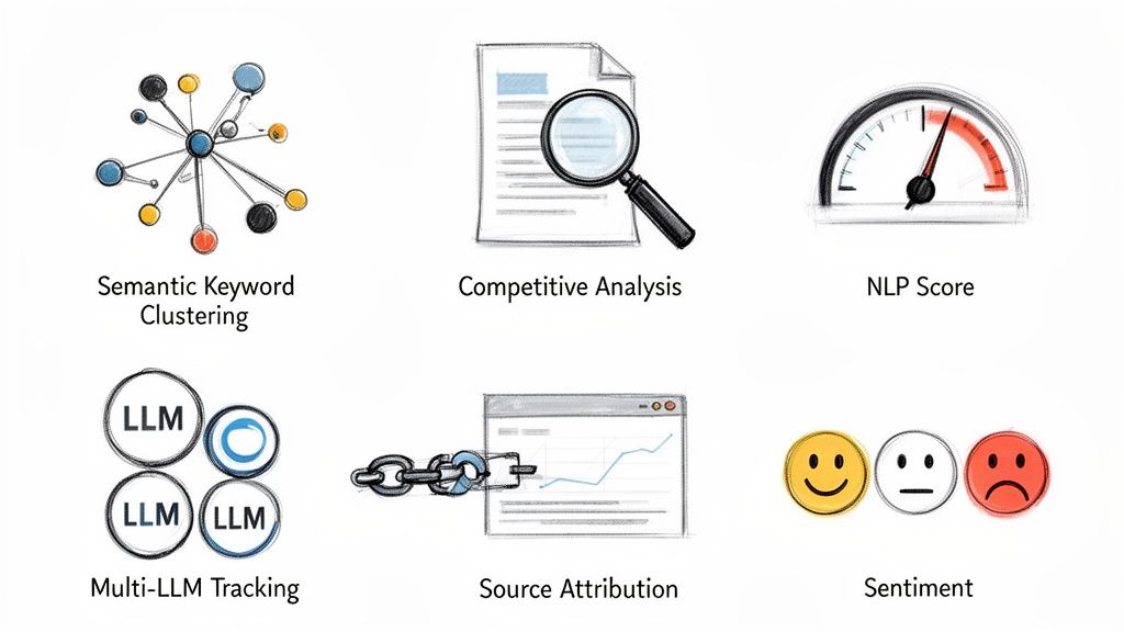 An infographic displaying six AI SEO features: semantic keyword clustering, competitive analysis, NLP score, multi-LLM tracking, source attribution, and sentiment analysis.