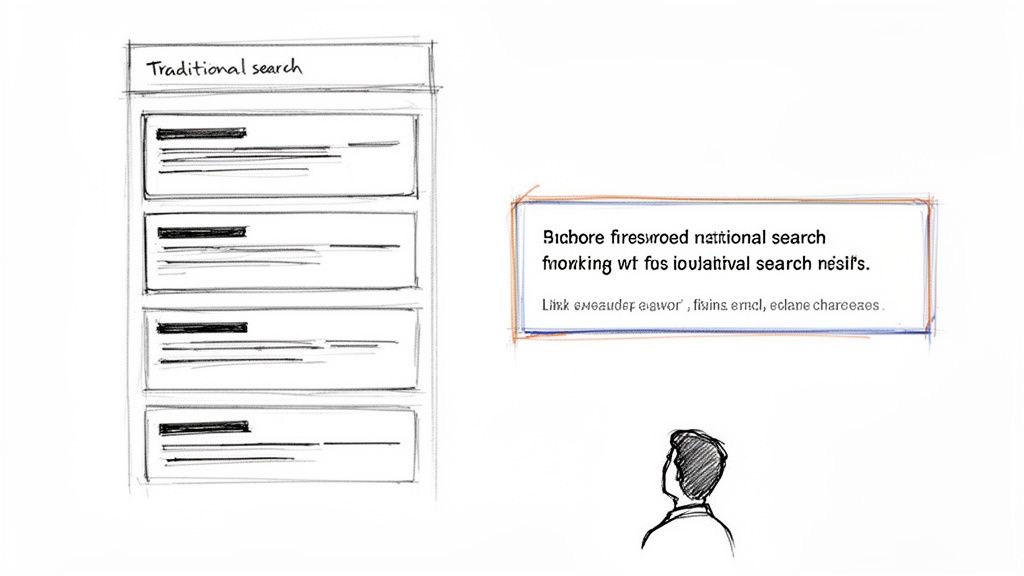 Sketch illustrating traditional search results on the left, contrasted with a summarized AI answer on the right, observed by a user.