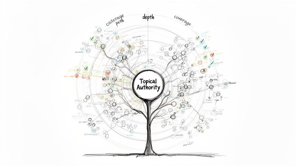 Conceptual illustration of topical authority as a tree with content clusters, showing depth and coverage.
