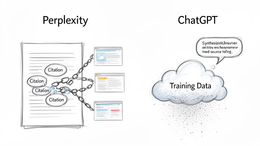 Comparison of Perplexity showing citations from web sources versus ChatGPT generating text from its training data.