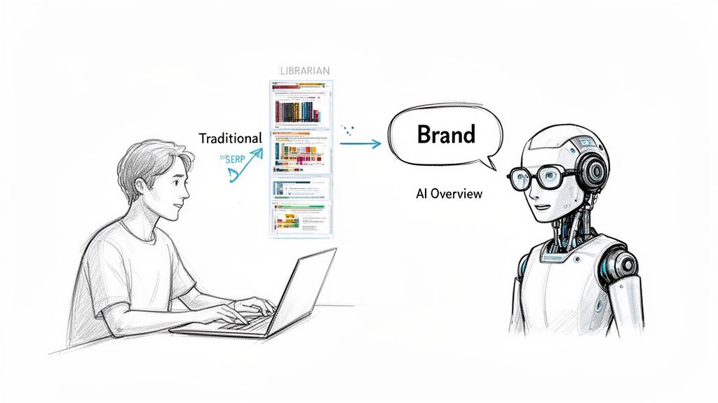 A user searches traditionally, data feeds a 'Librarian' system, and an AI provides a 'Brand' overview.