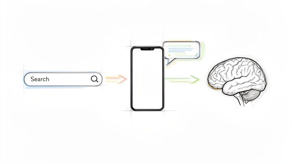 A search bar, smartphone displaying a chat bubble, and a brain illustrating an information retrieval and processing flow.