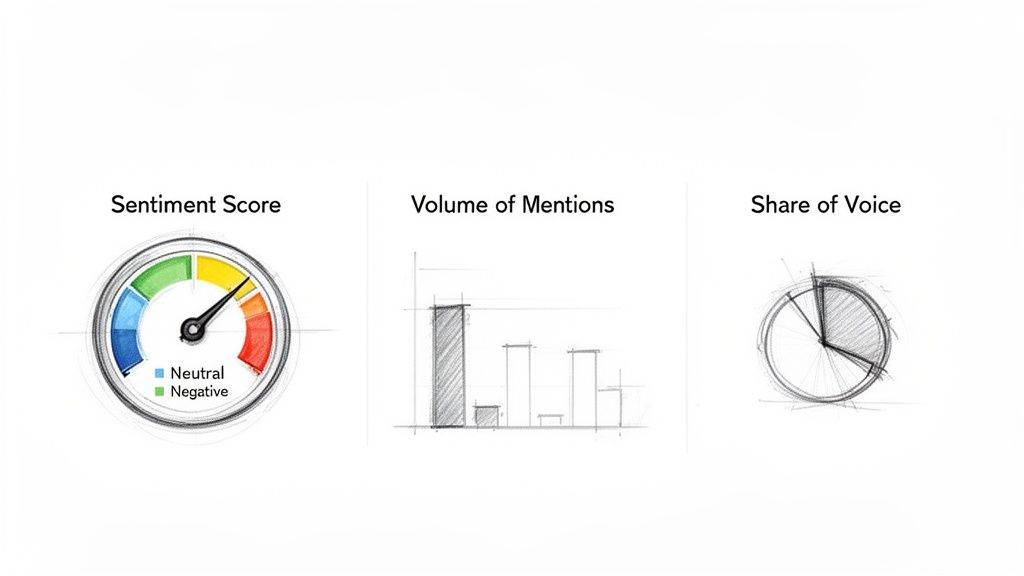 Sketches illustrating brand sentiment score gauge, volume of mentions bar chart, and share of voice pie chart.