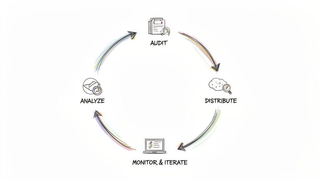 A cyclical process diagram showing four stages: Audit, Distribute, Monitor & Iterate, and Analyze.