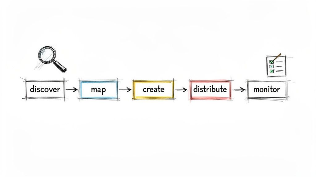 A diagram illustrating a five-step process flow: discover, map, create, distribute, and monitor.