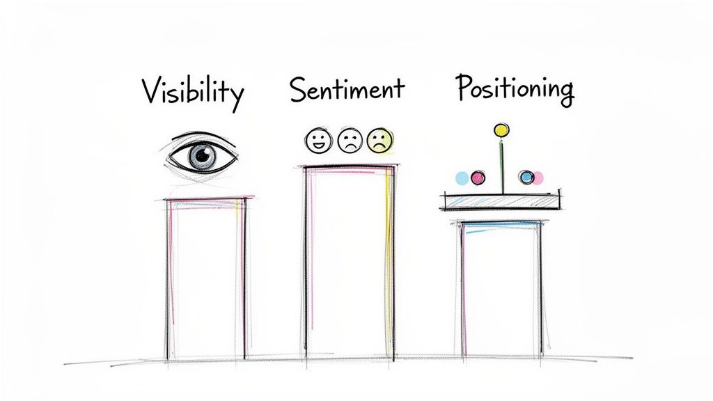 Hand-drawn icons for visibility (eye), sentiment (emojis), and positioning (target) above bar charts.