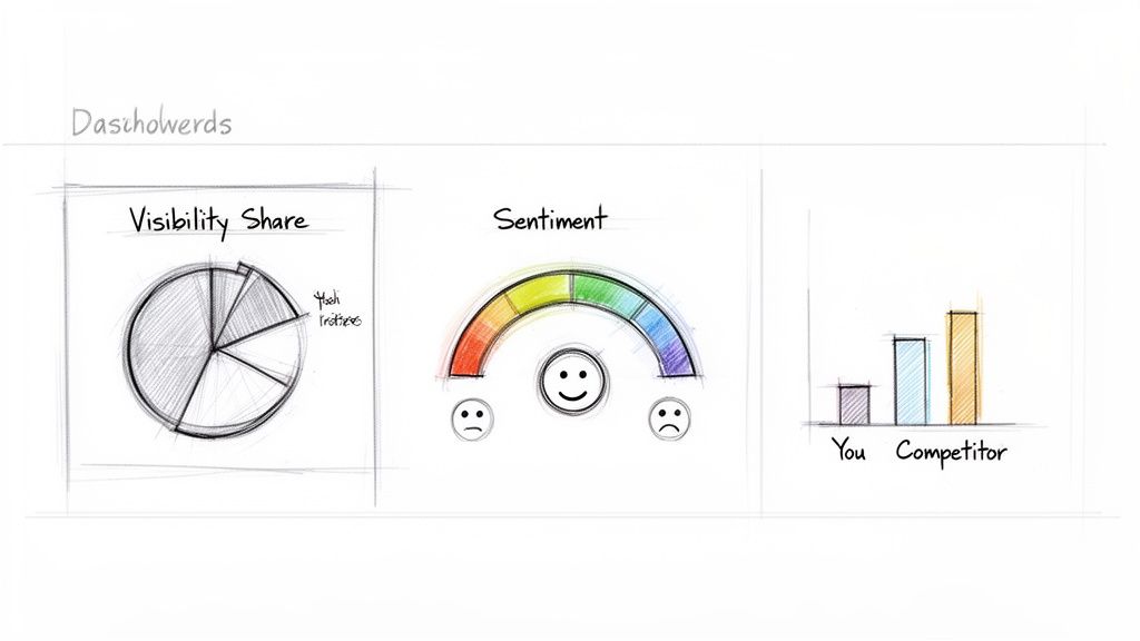 A hand-drawn sketch of a dashboard displaying visibility share, sentiment, and competitor comparison charts.