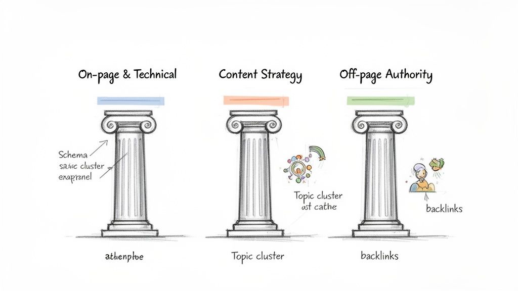 Three pillars representing On-page, Technical, Content Strategy, and Off-page Authority as core SEO components.
