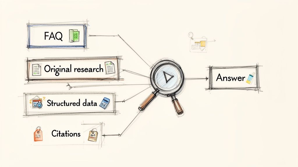 A diagram illustrating the process of generating an answer from various sources like FAQ, research, structured data, and citations.