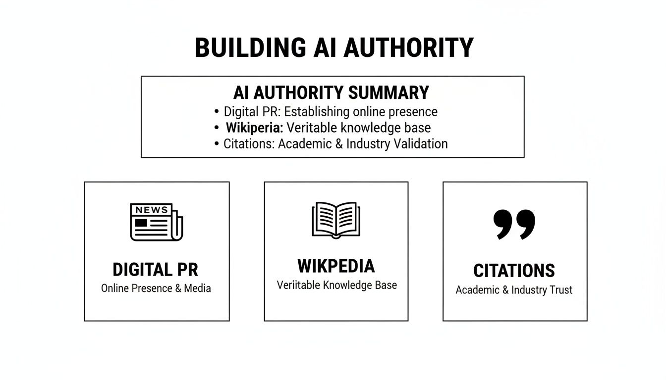 Diagram illustrating how to build AI authority through digital PR, Wikipedia, and academic citations.