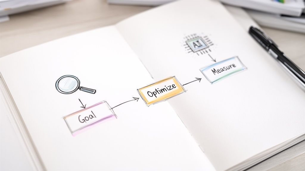 A notebook shows a hand-drawn strategic process flowchart: Goal, Optimize, Measure, with AI integration.