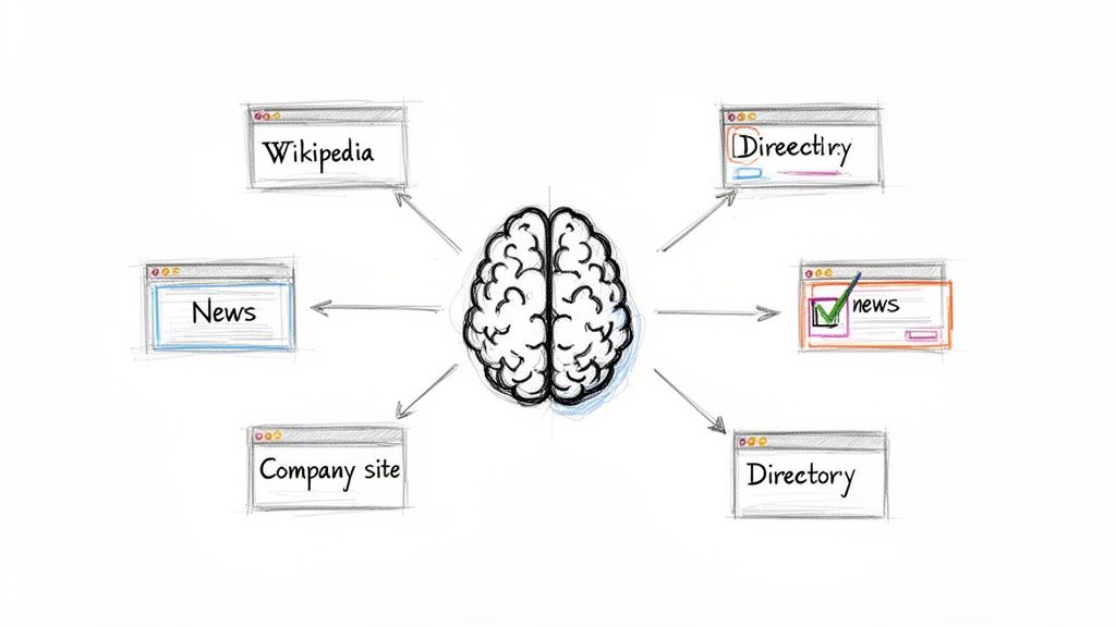 A diagram illustrating a brain connecting to various online information sources like Wikipedia, news, company sites, and directories.