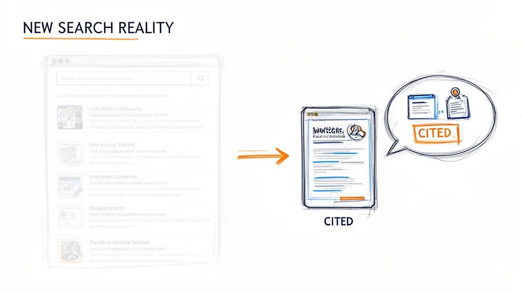 Diagram illustrating the shift from traditional search engine results to AI-generated answers with citations.