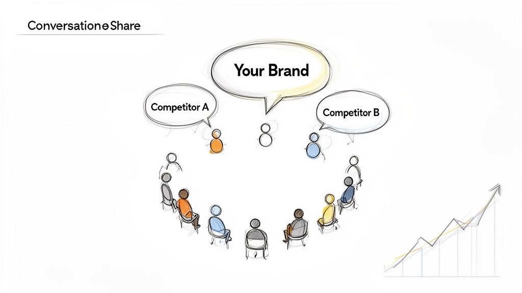 Illustration of 'Conversation Share' with 'Your Brand' central, surrounded by competitors and people discussing.