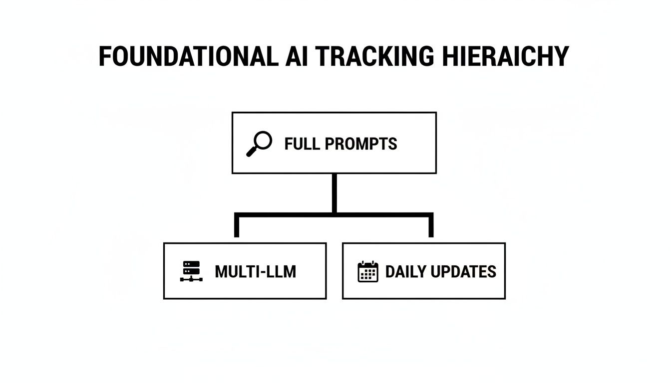 Hierarchy diagram illustrating foundational AI tracking, with full prompts branching to multi-LLM and daily updates.