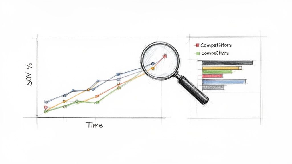 Hand-drawn graph analyzing Share of Voice over time, with competitors' data and magnifying glass.