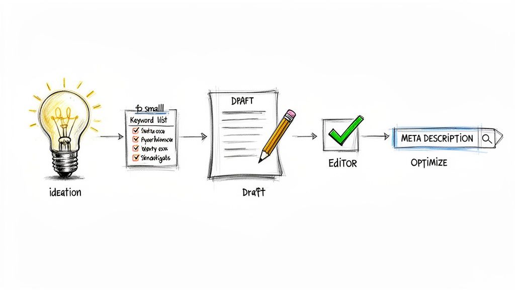 A diagram illustrating the workflow for creating and optimizing a meta description for SEO.