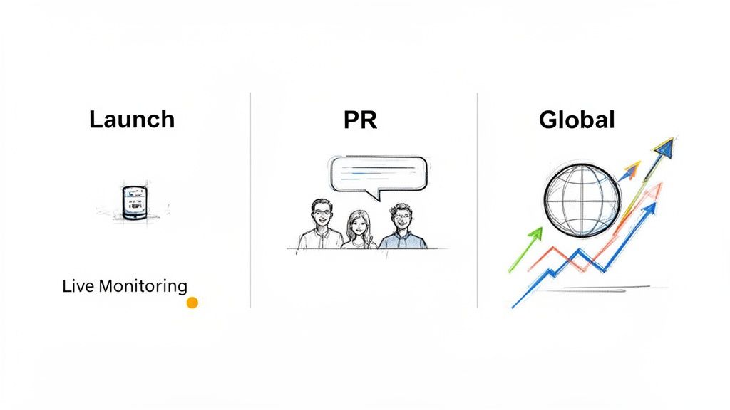 Diagram illustrating brand lifecycle stages: launch with live monitoring, PR discussion, and global market growth.